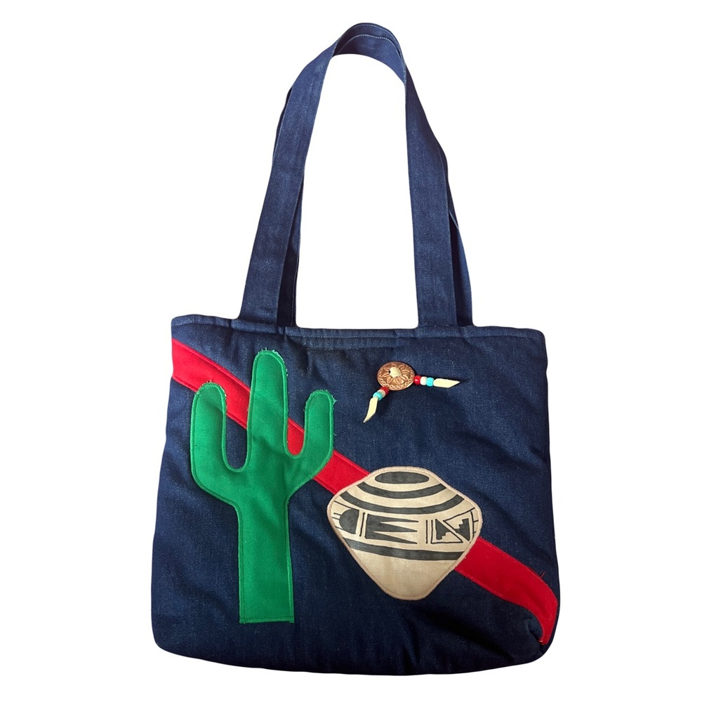 Handmade Denim Tote Bag with Southwestern Cactus Design by Jay Jay